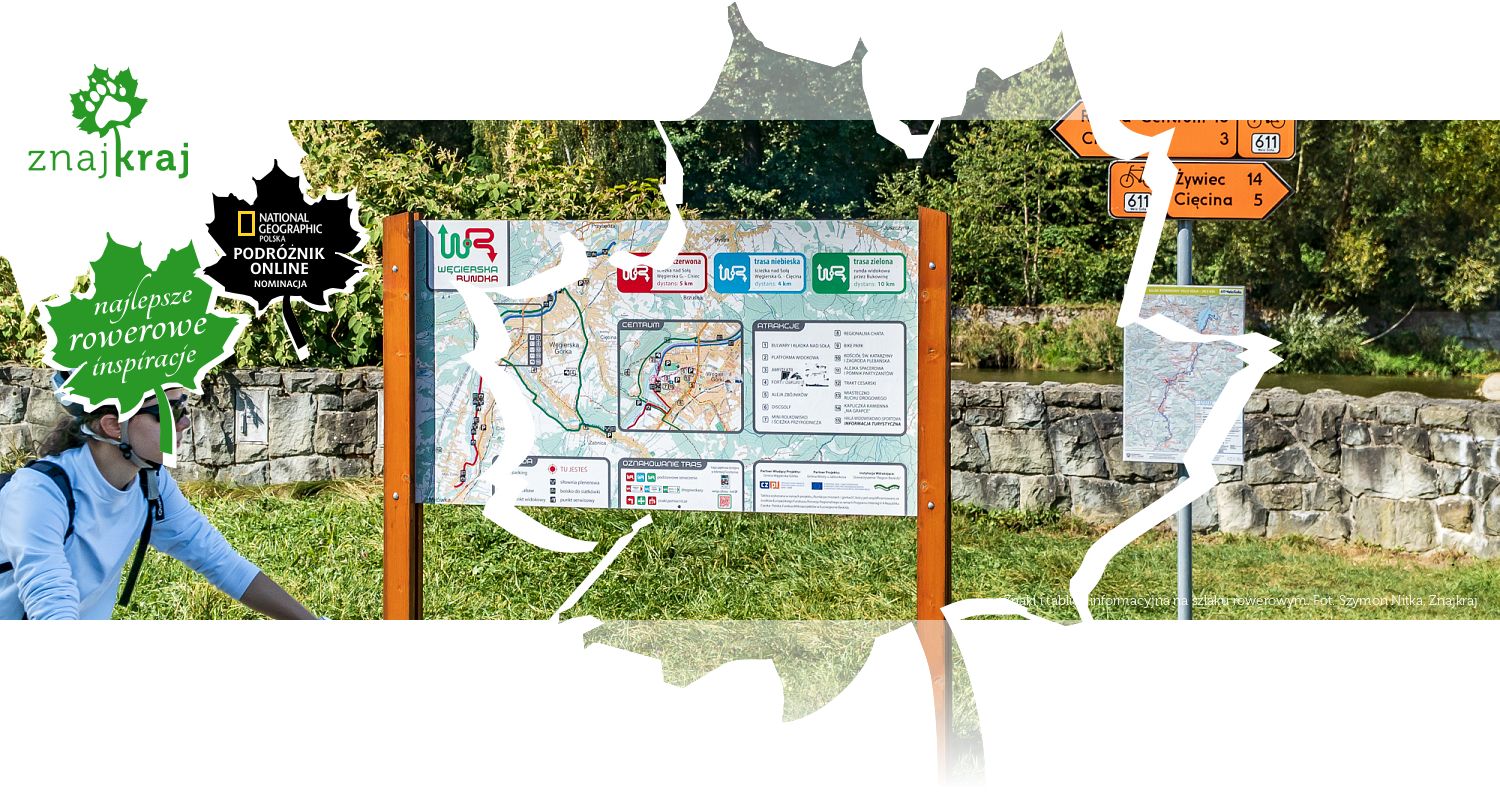 Znaki i tablica informacyjna na szlaku rowerowym